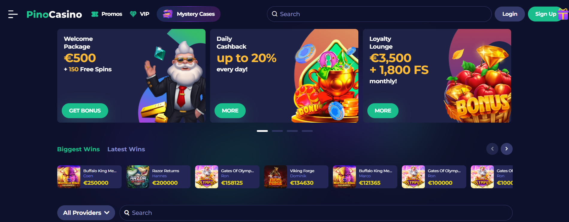 Schermafbeelding van de Pinocasino homepage met login-knop en speloverzicht